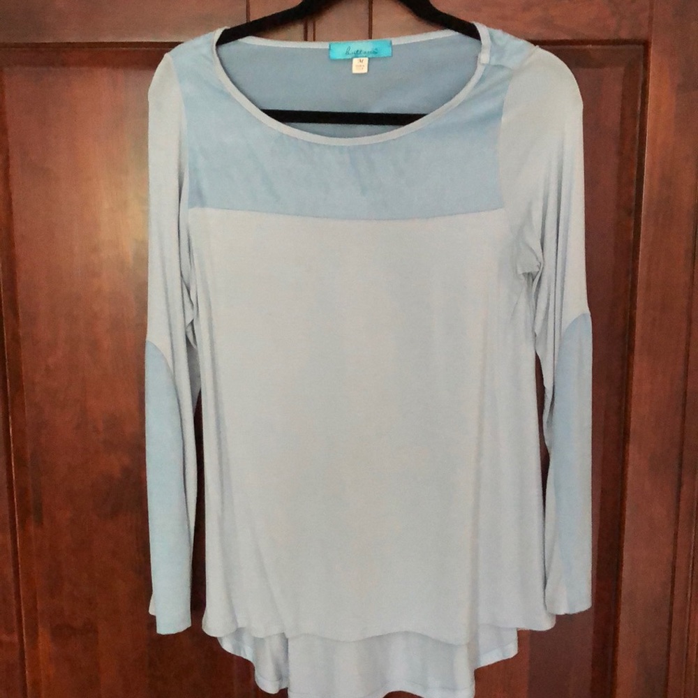 Powder Blue Long Sleeve Top with Sueded Neckline